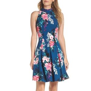 Vince Camuto Blue Pink Textured Floral Scuba Fit And Flare Dress Size 0P